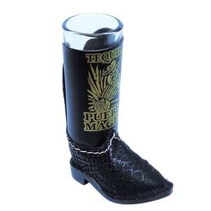 Pueblo Magico Shot Glass & Mini Boot 5" Vtg Tequila Black Faux Leather Snakeskin
